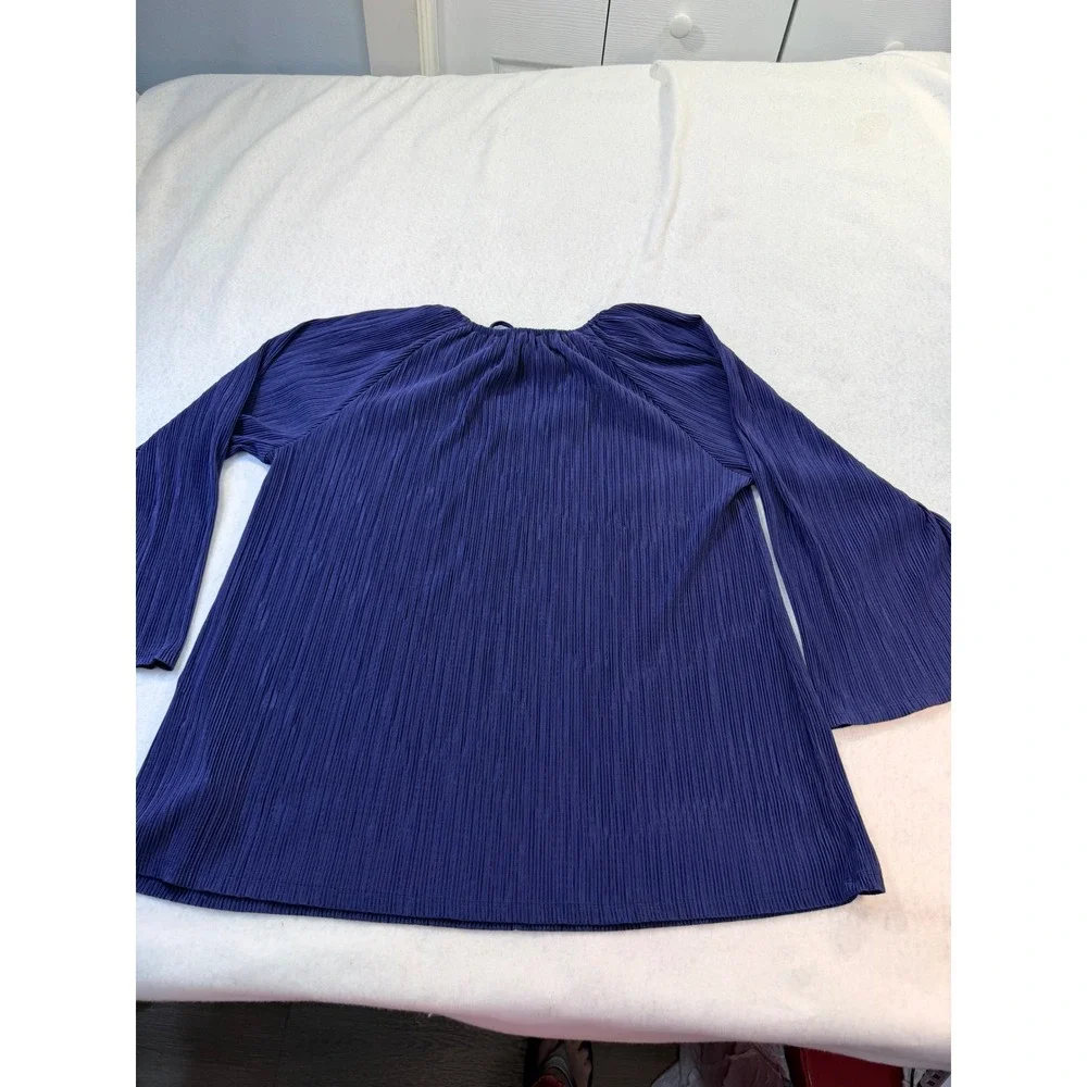 Michael Kors Navy Blue Pleated Bell Sleeve Tunic Blouse XL Keyhole Tie Top